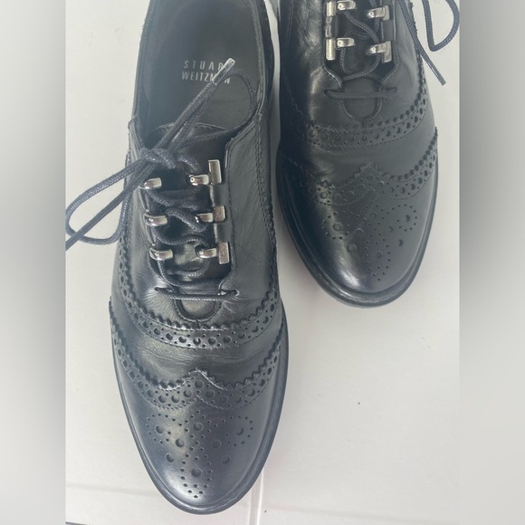 Stuart Weitzman Brogue Black Designer Leather Oxfords w Silver Hardware - Picture 8 of 14